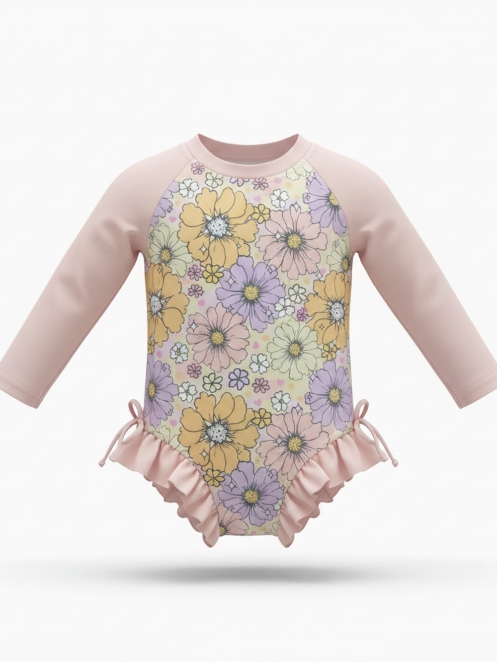 Caden Lane Floral Rash Guard Swimsuit 3T Long Sleeve One Piece Ruffle Pink